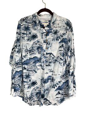 Cynthia Rowley Linen Shirt Blue 2X Resort Preppy Summer Beach Coastal Nautical